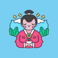 mooie Japanse geisha met zonnebloem. cartoon afbeelding. vector