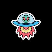 kleine alien met ruimteschip, illustratie voor sticker vector