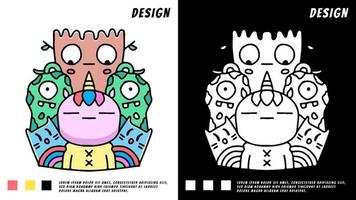 doodle cartoon luie eenhoorn en monsters, illustratie voor t-shirt vector