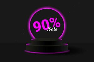 zwart 3d podium met gloeiend roze neon cirkel en schitteren. banier voor demonstreren producten, promoties, kortingen, verkoop. Product mockup.zwart vrijdag super uitverkoop 90 neon podium. vector