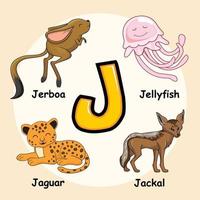 dieren alfabet letter j voor kwallen jaguar jakhals jerboa vector