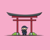 schattige ninja in torii-poort vector