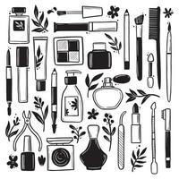 handgetekende set make-up schoonheid cosmetische elementen vector