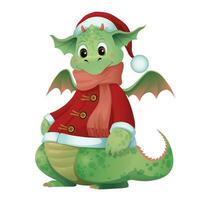 schattig groen baby draak in een Kerstmis hoed en rood jas. nieuw jaar karakter voor groet kaarten met vrolijk Kerstmis en nieuw jaar, decor, inpakken, verpakking ontwerp, Kerstmis partij uitnodigingen. vector