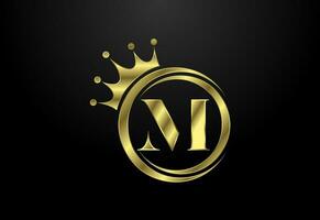 Engels alfabet m met een kroon. Koninklijk, koning, koningin luxe symbool. doopvont embleem. vector illustratie