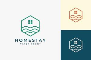 oceaan of waterkant appartement logo in eenvoudige lijn en zeshoekige vorm vector