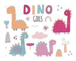 dinosaurus meisjes schattige vector set met planten bomen stenen