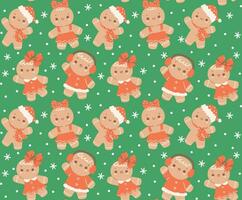 schattig feestelijk Kerstmis patroon naadloos, kawaii peperkoek koekje tekenfilm karakter, geïsoleerd Aan groen achtergrond vector