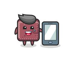 leren portemonnee illustratie cartoon met een smartphone vector