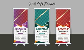 creatief zakelijke oprollen banier ontwerp of optrekken banier sjabloon vector, abstract achtergrond, modern x-banner, rechthoek grootte voor reclame en multipurpose gebruik met drie kleur variaties. vector