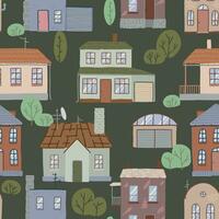 naadloos patroon van land huizen, knus stad. lief woon- gebouwen ornament. vlak vector illustratie. ontwerp voor behang, achtergrond.