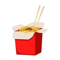 papier doos noedels en eetstokjes. vector illustratie. Aziatisch snel voedsel concept. geopend wokken. Chinese snel voedsel. geïsoleerd Aan een wit achtergrond.