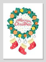 vrolijk Kerstmis groet kaart. Kerstmis krans gemaakt van vlak pijnboom takken versierd met mandarijnen, ballonnen en geschenken. belettering. hand- getrokken vector illustratie. winter thema vlak ontwerp.