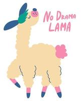 lama. geen drama lama belettering citaat. hand tekenen alpaca. vector