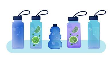 water flessen set. concept ontgiften drankje, drinken water in een glas fles. herbruikbaar sport fles met citroen en kruiden. vector