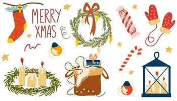 Kerstmis items set. Kerstmis lauwerkrans, boom speelgoed, kaarsen, wanten, sokken, cadeaus en snoepgoed. winter nieuw jaar elementen. vector hand- trek illustratie