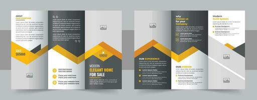 huis verkoop en vernieuwing brochure ontwerp voor marketing. huis bouw en uitverkoop tri vouwen brochure vector met foto tijdelijke aanduiding