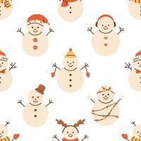 vector sneeuwman naadloos patroon. Kerstmis grappig sneeuwman tekens Aan wit achtergrond. patroon met schattig winter sneeuwman vervelend hoed en sjaal. omhulsel of textiel ontwerp.