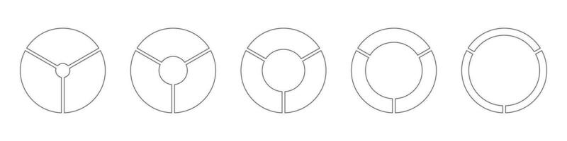 wielen ronde verdeeld, drie secties. diagrammen infographic set. cirkel sectie diagram lijn kunst. taart tabel gemakkelijk pictogrammen. schets donut grafieken, taarten gesegmenteerd Aan 3 Gelijk onderdelen. meetkundig vector elementen.