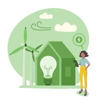 duurzaamheid vector vlak illustratie. bijvoorbeeld, groen energie, duurzame industrie met windmolens. milieu, sociaal, en zakelijke bestuur concept.