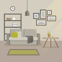 Scandinavische interieur platte illustratie. Modern minimalistisch interieur. Sofa met kussens, foto&#39;s aan de muur, nachtkastje met een bloempot vector