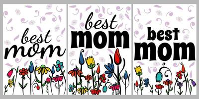 het beste mam reeks van kaarten, ansichtkaarten met een opschrift en tekening bloemen voor moeder dag of een themed vakantie vector