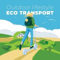 een vrouw Aan een elektrisch scooter ritten Aan een weg in een veld. de concept van ecologisch vervoer en milieu bescherming. groen zomer landschap tafereel. vector vlak illustratie