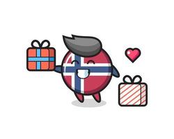 noorse vlag badge mascotte cartoon geeft het geschenk vector
