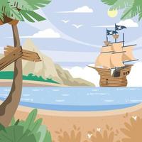 piratenschip in de buurt van kust achtergrond vector