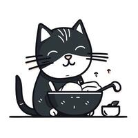 schattig zwart kat aan het eten soep in een schaal. vector illustratie.