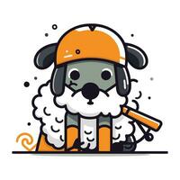 schattig hond met basketbal knuppel en oranje helm. vector illustratie.