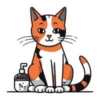 schattig tekenfilm kat met een fles van shampoo. vector illustratie.