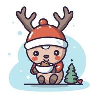 schattig rendier met de kerstman claus hoed. vector illustratie.