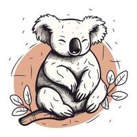 schattig tekenfilm koala zittend Aan een Afdeling met bladeren. vector illustratie.