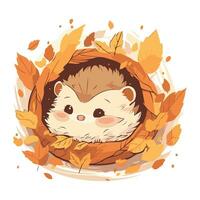 schattig egel in een rieten mand met herfst bladeren. vector illustratie.