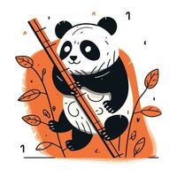 schattig panda met bamboe stokjes en bladeren. vector illustratie.