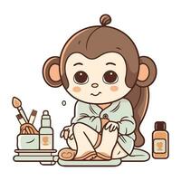 schattig weinig baby meisje in badjas met cosmetica. vector illustratie.