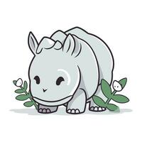 schattig neushoorn met bloemen en bladeren. vector illustratie.