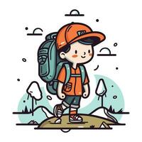 schattig weinig jongen met rugzak wandelen in bergen. vector illustratie.