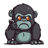 boos gorilla Holding een mobiel telefoon. vector illustratie Aan wit achtergrond.