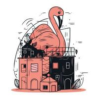 flamingo en huis. vector illustratie in lijn kunst stijl.