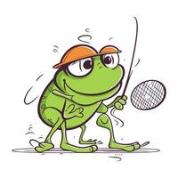 kikker tennis speler met racket en bal. tekenfilm vector illustratie.