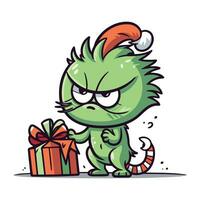grappig tekenfilm monster met Kerstmis geschenk. vector illustratie geïsoleerd Aan wit achtergrond.