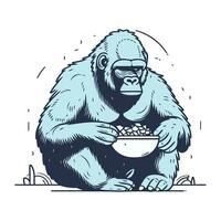 gorilla met een kom van granen. vector illustratie.