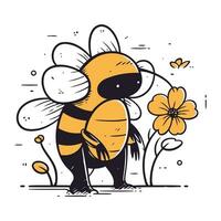 honingbij met bloem. vector illustratie in tekening stijl.