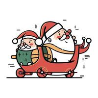 de kerstman claus ritten een auto met geschenken. vector illustratie in lijn stijl.