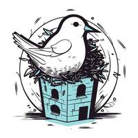 hand- getrokken vector illustratie van een vogel zittend in een vogelhuisje.