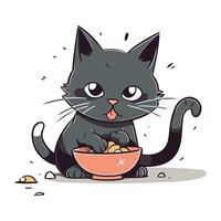 schattig tekenfilm zwart kat aan het eten voedsel van schaal. vector illustratie.