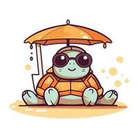 schattig schildpad in zonnebril zittend onder een paraplu. vector illustratie.