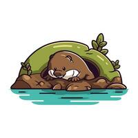 schattig tekenfilm Otter zittend Aan een rots in de water. vector